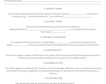 Vendor Agreement Contract Template - Instant Download