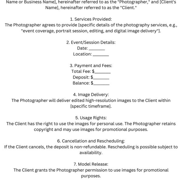 Photography Client Contract Template