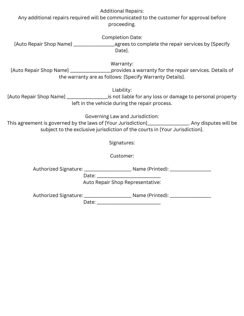 Auto Repair Contract - Etsy