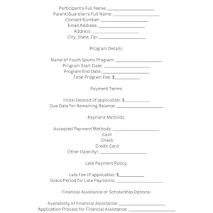 Op de afbeelding: Een blanco formulier voor betalingsregelingen voor een jeugdsportsprogramma. Het formulier bevat secties voor deelnemerinformatie, programmadetails, betalingsvoorwaarden, betalingsmethoden, beleid voor te late betalingen en financiële ondersteuning.