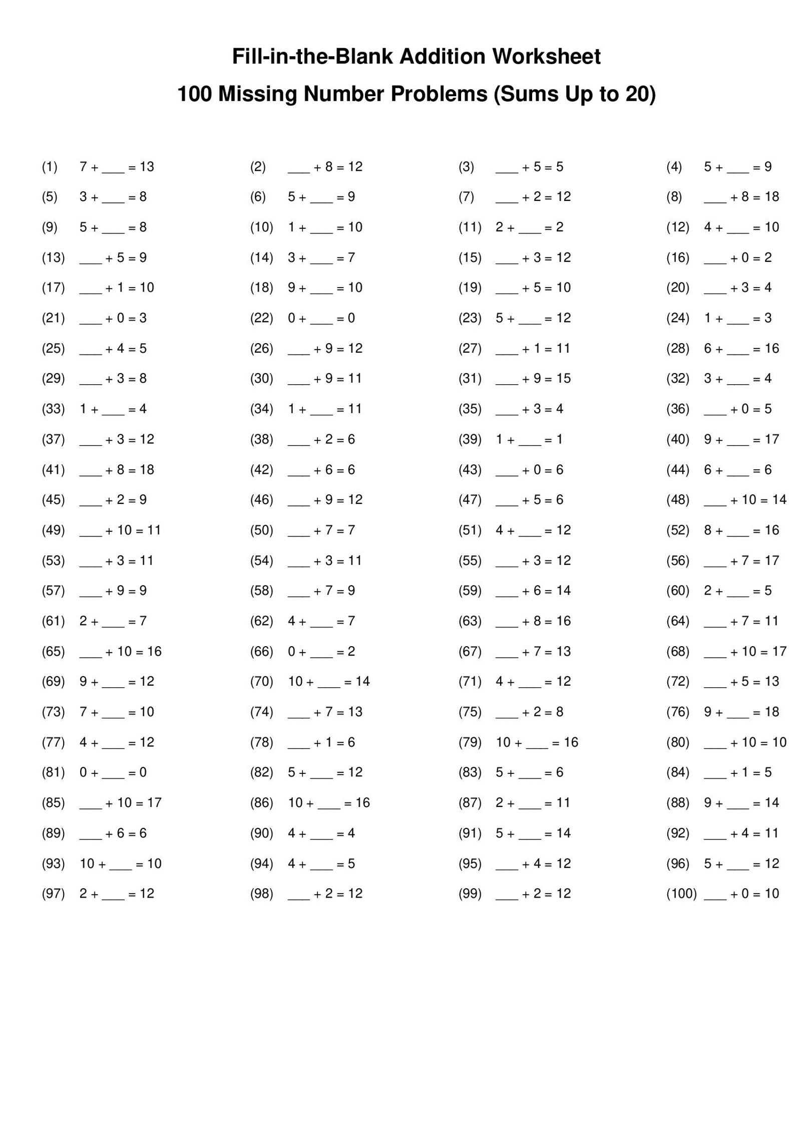 100 Fillintheblank Addition Worksheets Sums up to 20 Printable Math Practice for Kids Etsy