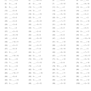 May include: A black and white worksheet with 100 addition problems. The problems are designed to help students practise adding numbers up to 20. Each problem has a blank space for the student to fill in the missing number.