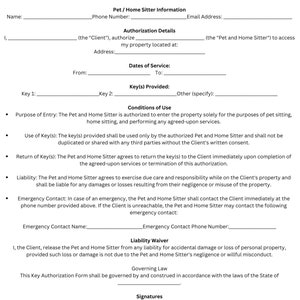 Key Authorization Form for Pet and/or Home Sitting Services-Template download