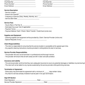 Janitorial Service Agreement | Cleaning Contract | Editable PDF