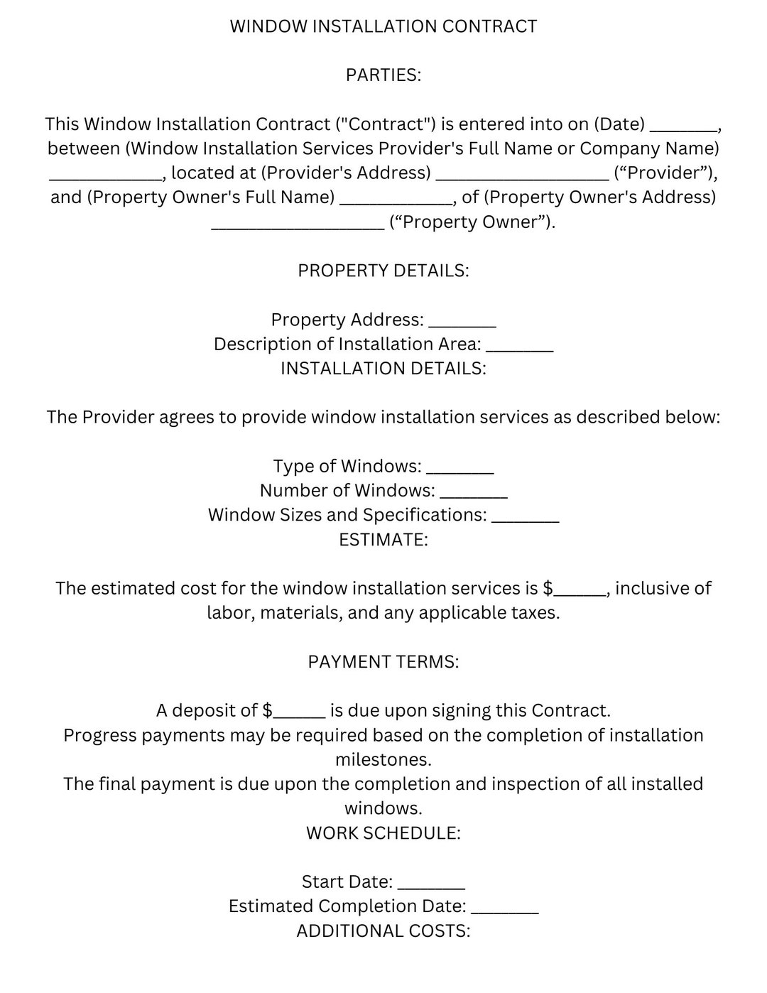 Window Installation Contract Template, Digital Download PDF Download Window Installation Contract Template, Digital Download PDF Download
