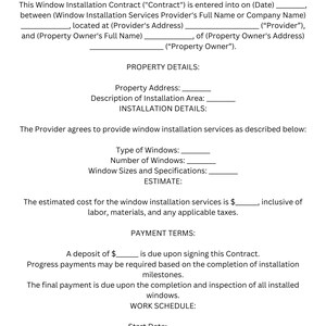 Window Installation Contract Template Digital Download: PDF Download Window Installation Contract Template Digital Download: PDF Download