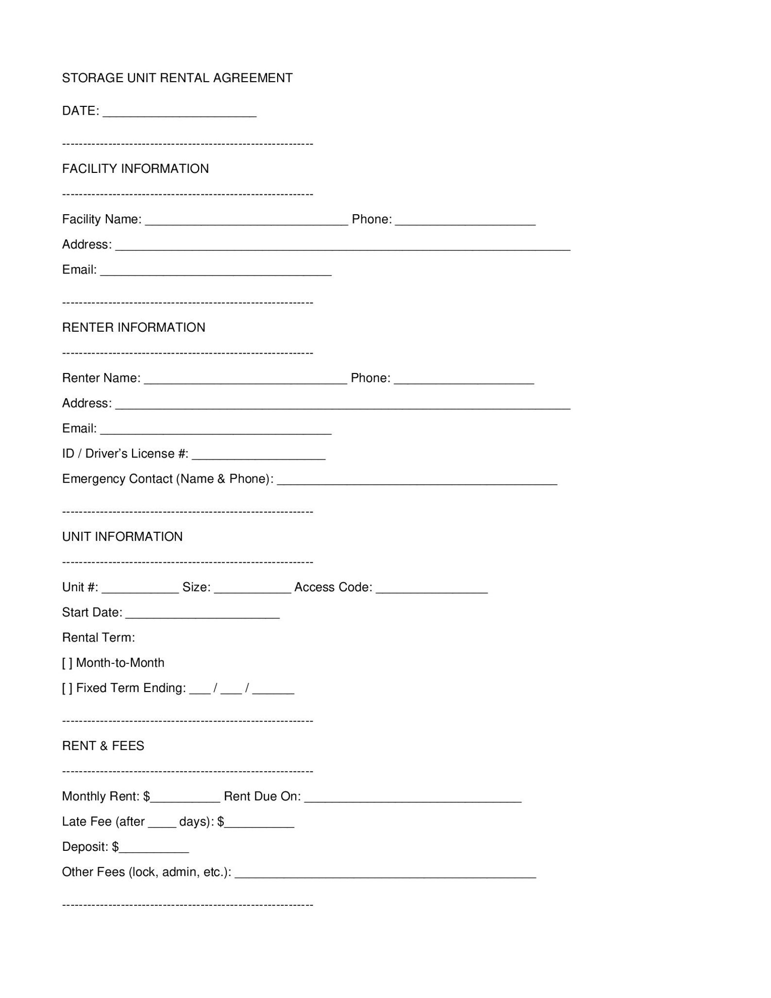 Storage Unit Statment Template.pdf Storage Unit Rental Agreement – Fillable PDF Self Storage Contract ...