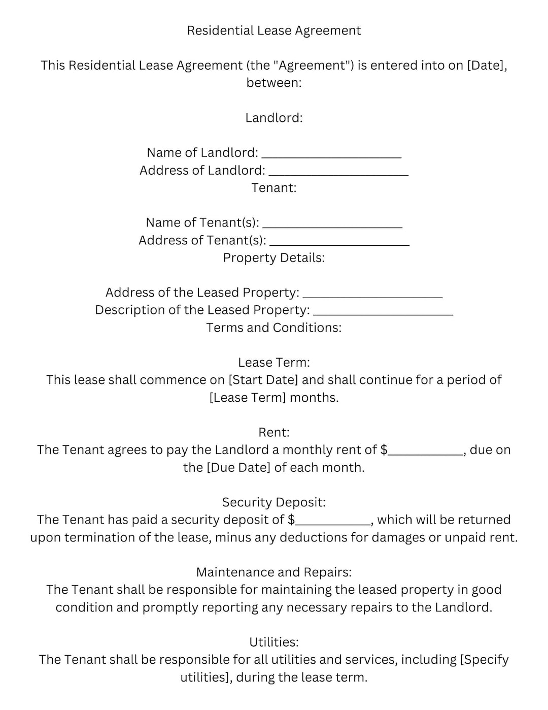 Residential Lease Agreement Template. Pdf Download - Etsy