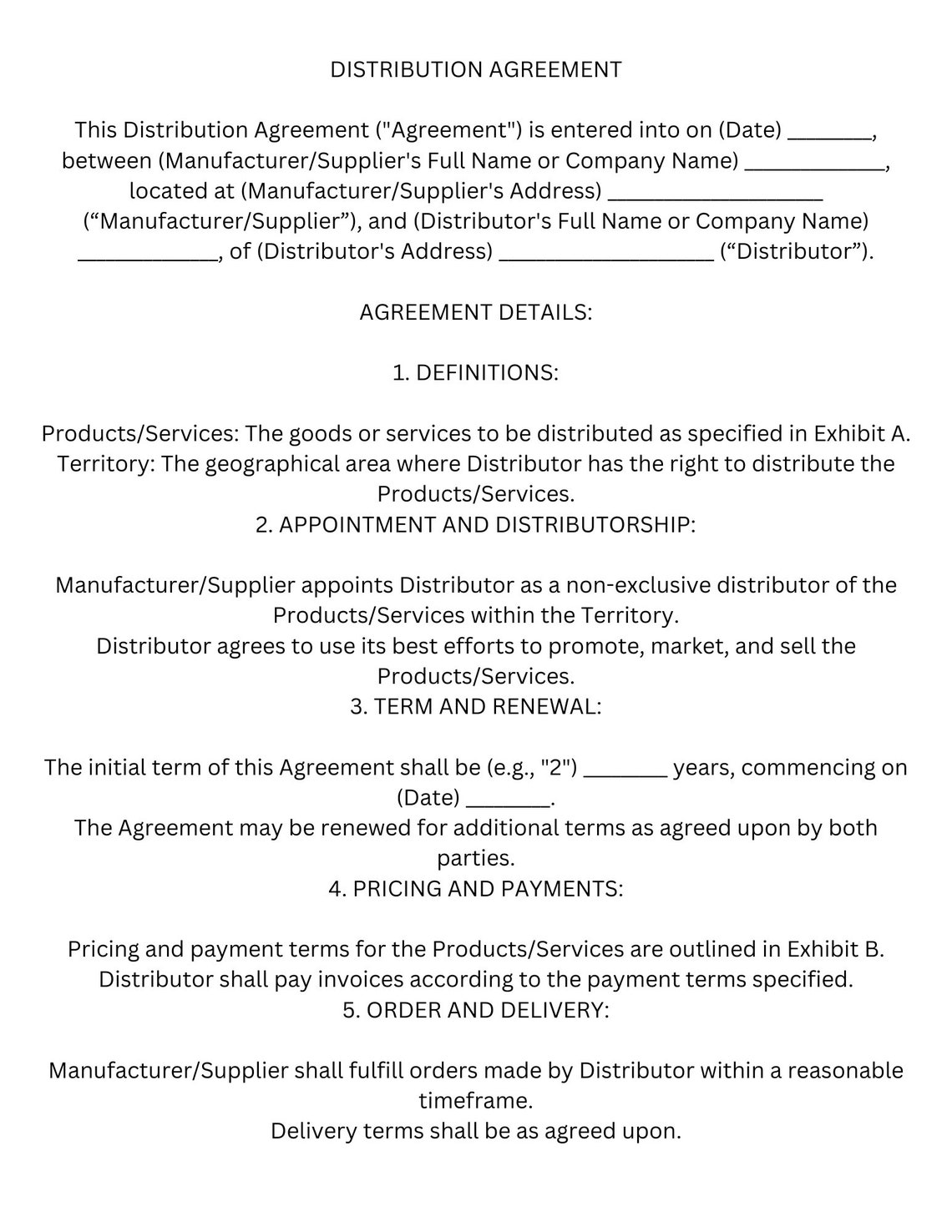 Distribution Agreement Template Etsy