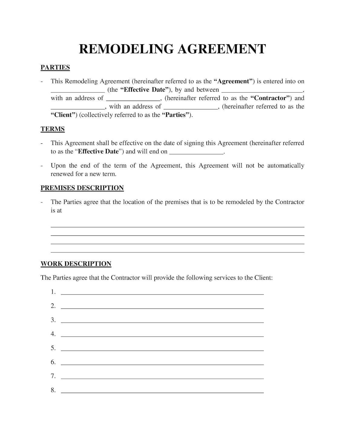 Remodeling contract template Etsy