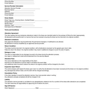May include: A black and white document outlining an alteration policy agreement for a dress. The document includes sections for date and client information, service provider information, dress details, terms and conditions, and a sign-off section.