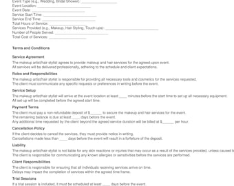 Bridal Makeup and Hair Agreement | Wedding Beauty Contract | Editable PDF