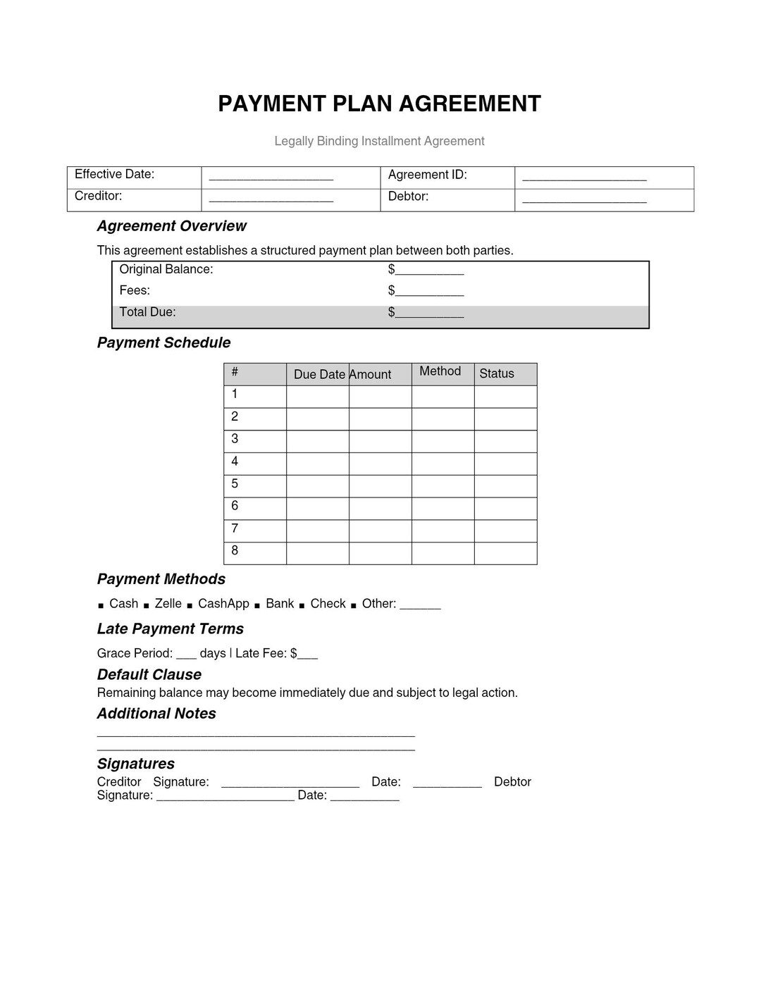 Payment Plan Agreement Template Editable PDF | Installment Contract ...