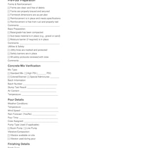 Puede incluir: Un formulario de lista de verificación para vertidos de hormigón. El formulario incluye secciones para la preparación previa al vertido, la verificación de la mezcla de hormigón, los detalles del vertido y los detalles de acabado. El formulario está diseñado para ayudar a garantizar que los vertidos de hormigón se completen correctamente y de forma segura.