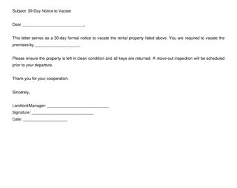 Notice to Vacate Letter Template | Editable 30-Day Tenant Eviction Notice PDF