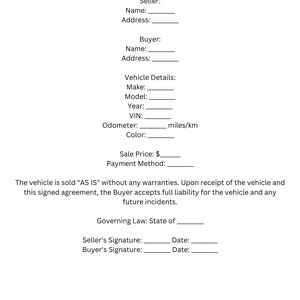 Op de afbeelding: Een blanco formulier voor een voertuigverkoop met velden voor verkoper- en koperinformatie, voertuiggegevens, verkoopprijs, betaalmethode en handtekeningen. Het formulier vermeldt dat het voertuig "zoals het is" wordt verkocht zonder enige garantie.