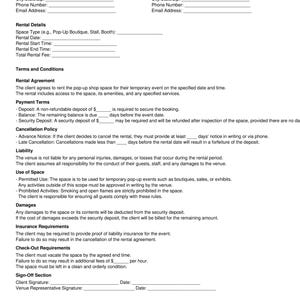 Puede incluir: Un formulario de contrato de alquiler de tienda emergente imprimible en blanco y negro. El formulario incluye secciones para la fecha y la información del cliente, la información del lugar, los detalles del alquiler, los términos y condiciones, las condiciones de pago, la política de cancelación, la responsabilidad, el uso del espacio, los daños, los requisitos de seguro, los requisitos de salida y las secciones de firma.