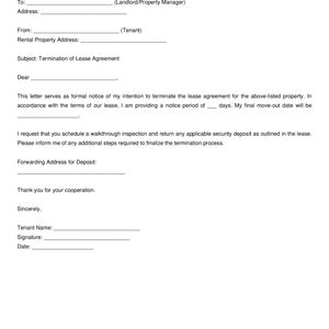 Plantilla de carta de rescisión de contrato de arrendamiento / Aviso de alquiler editable en PDF para inquilinos