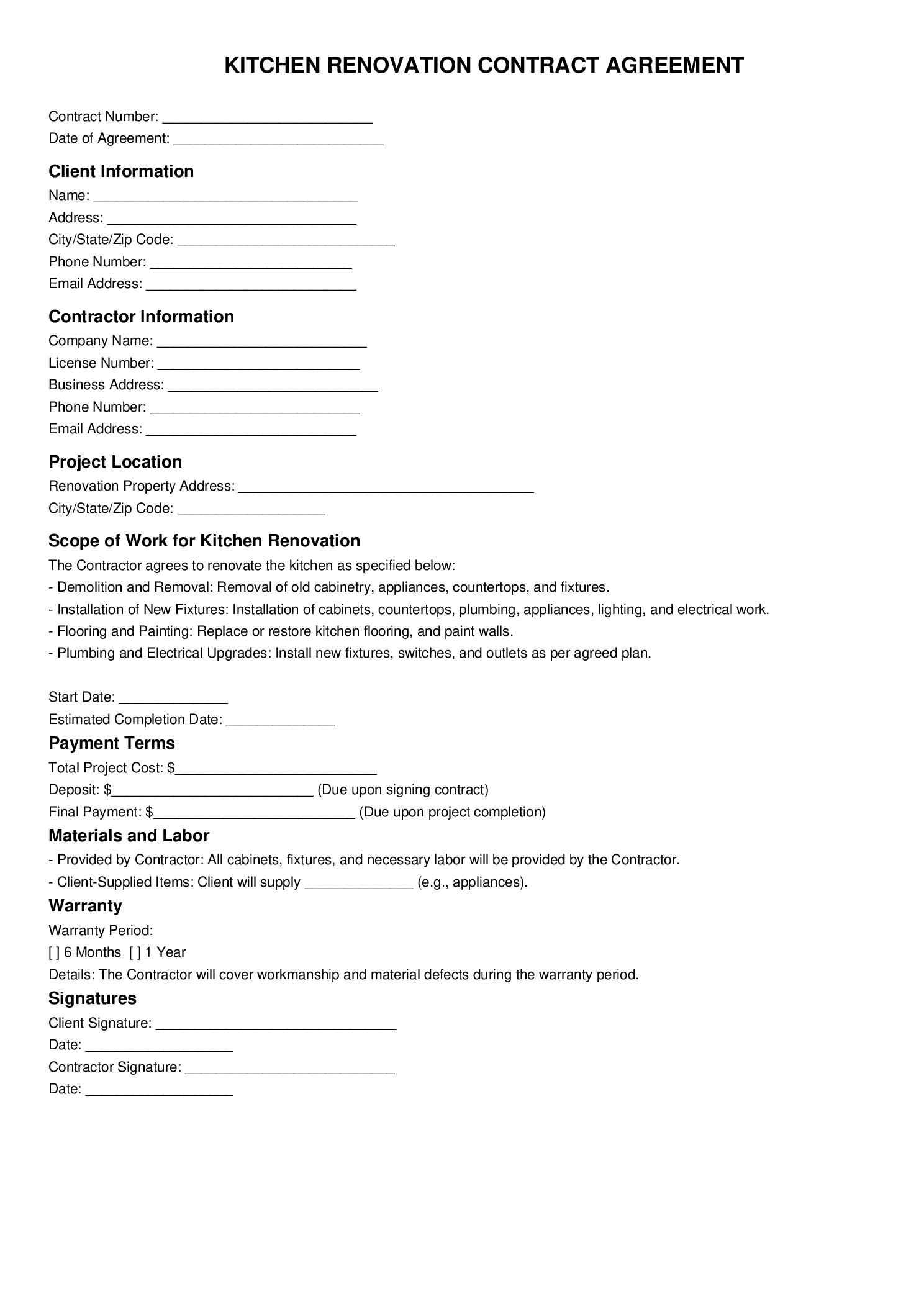 Simple Kitchen Contract Rent Example.pdf Kitchen Renovation Contract | Printable Remodeling Agreement | Editable ...