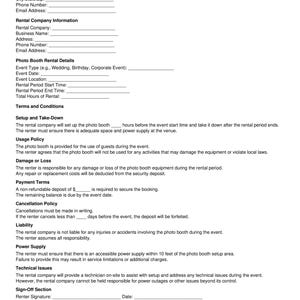 Puede incluir: Un formulario blanco de contrato de alquiler de fotomatón con texto negro. El formulario incluye secciones para la información del arrendatario y de la empresa de alquiler, los detalles del evento, los términos y condiciones. Describe las responsabilidades.