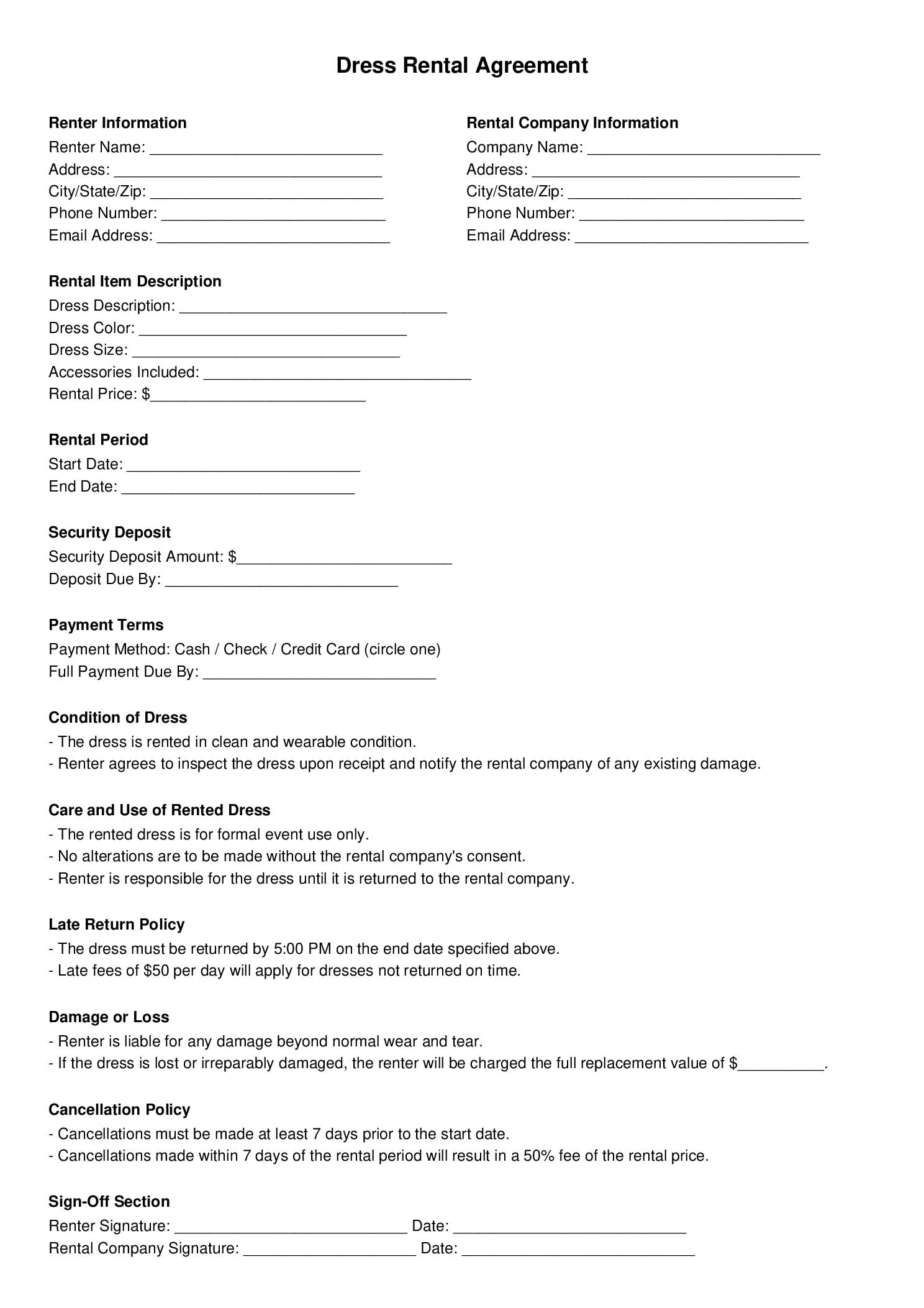 Dress Rental Agreement | Formal Dress, Gown Rental Contract | Editable PDF