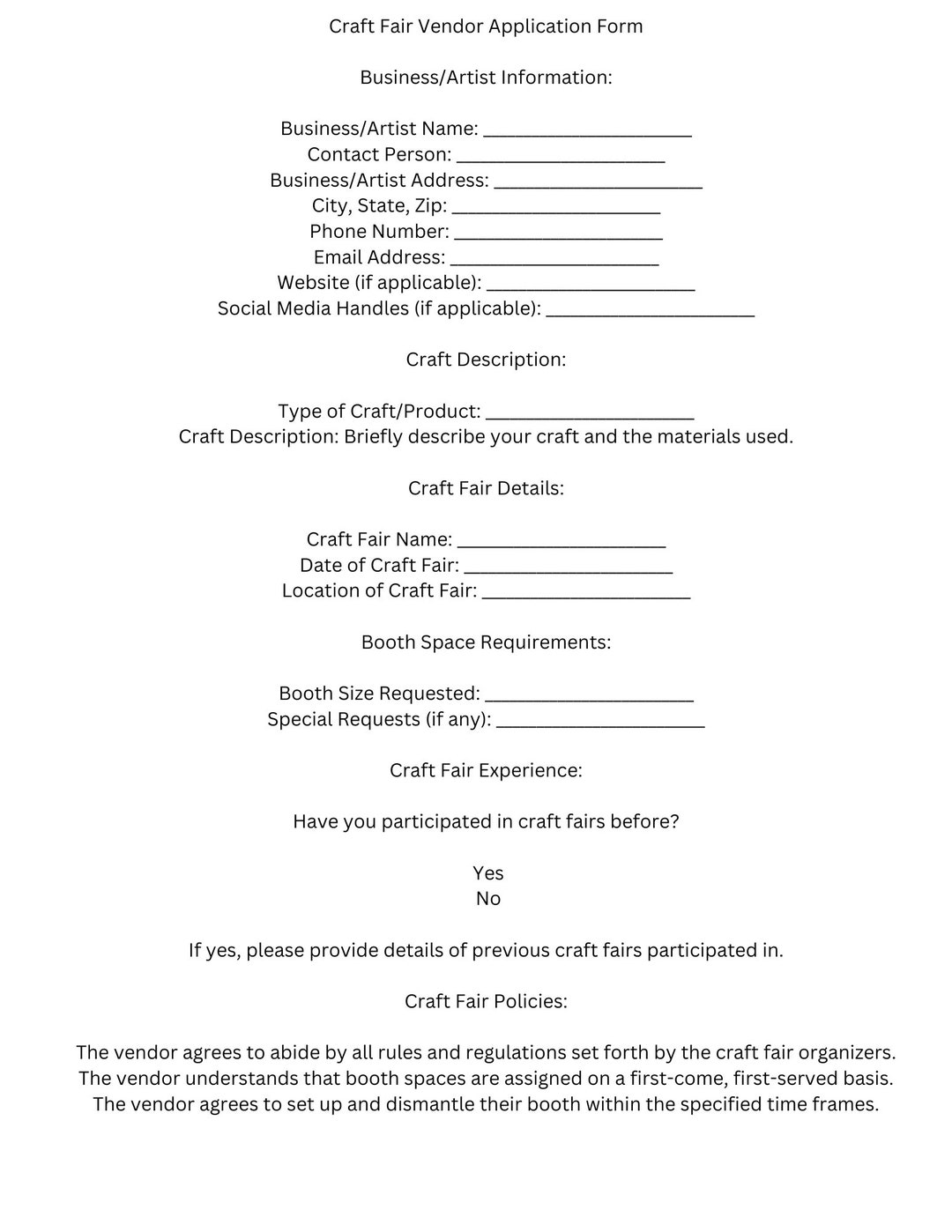 Craft Fair Vendor Application Formtemplate Etsy Craft Fair Vendor Application Formtemplate Etsy