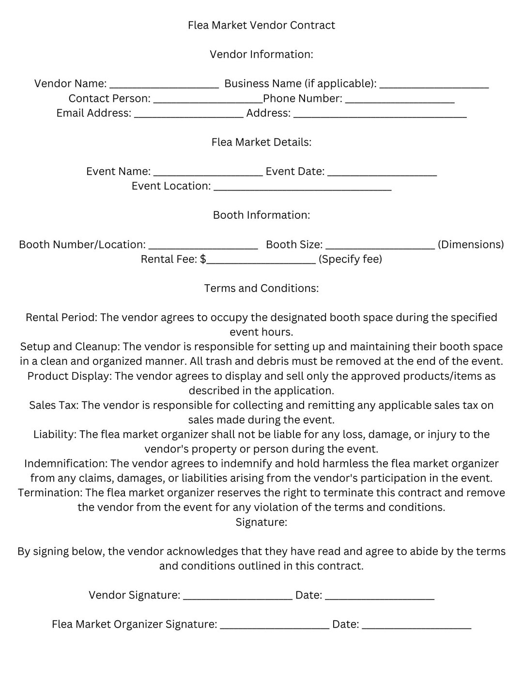 Flea market vendor contract template download etsy