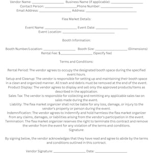 Op de afbeelding: Een zwart-wit contract voor een rommelmarktverkoper. Het document bevat secties voor verkopersinformatie, rommelmarktdetails, kraaminformatie, algemene voorwaarden en handtekeningen. Het contract is bedoeld om te worden ingevuld en ondertekend.