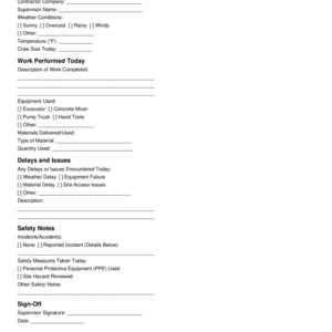 Puede incluir: Un formulario de informe diario del sitio en blanco. El formulario incluye secciones para información del proyecto, información general, trabajo realizado, equipo utilizado, retrasos, notas de seguridad y firma.