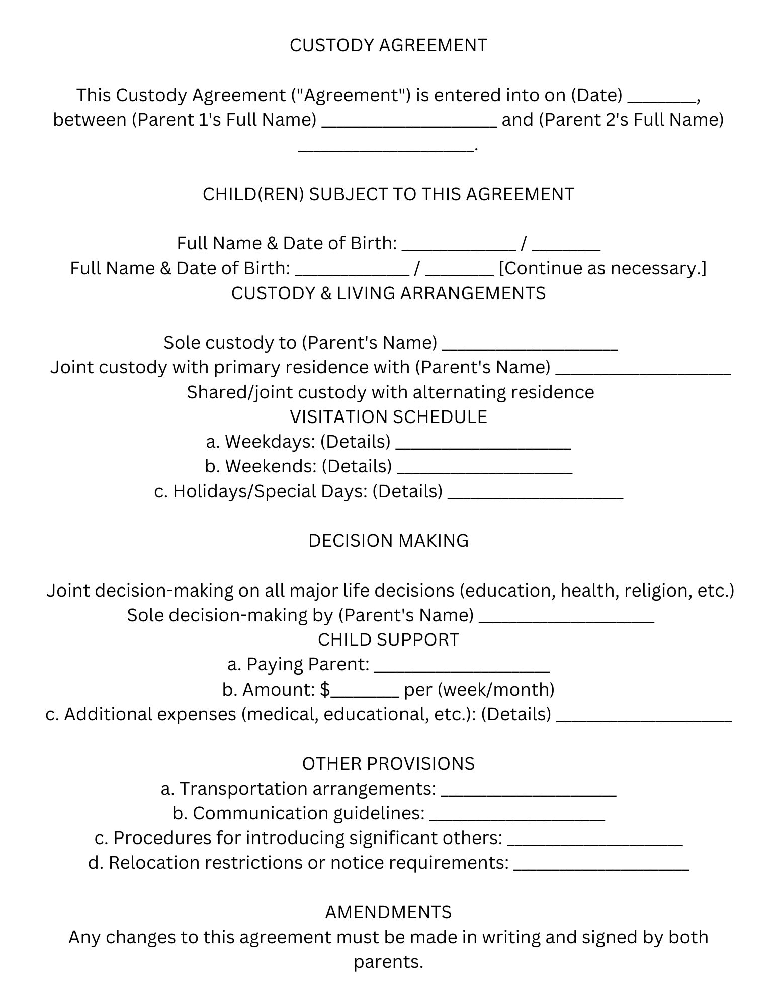 Custody Agreement Template Form PDF Download