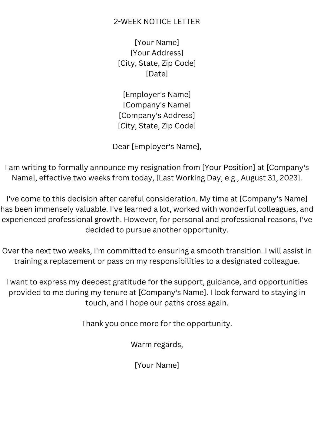 2 week Notice Resignation Letter Template Instant Download Etsy