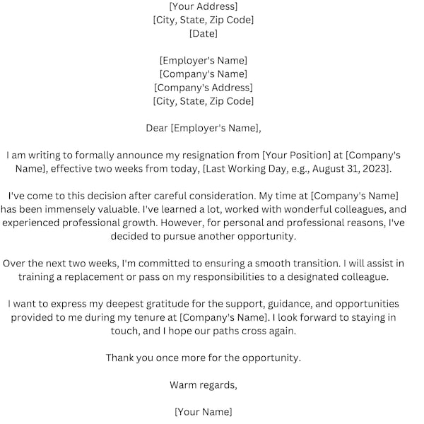 2-Week Notice Resignation Letter Template - Instant Download