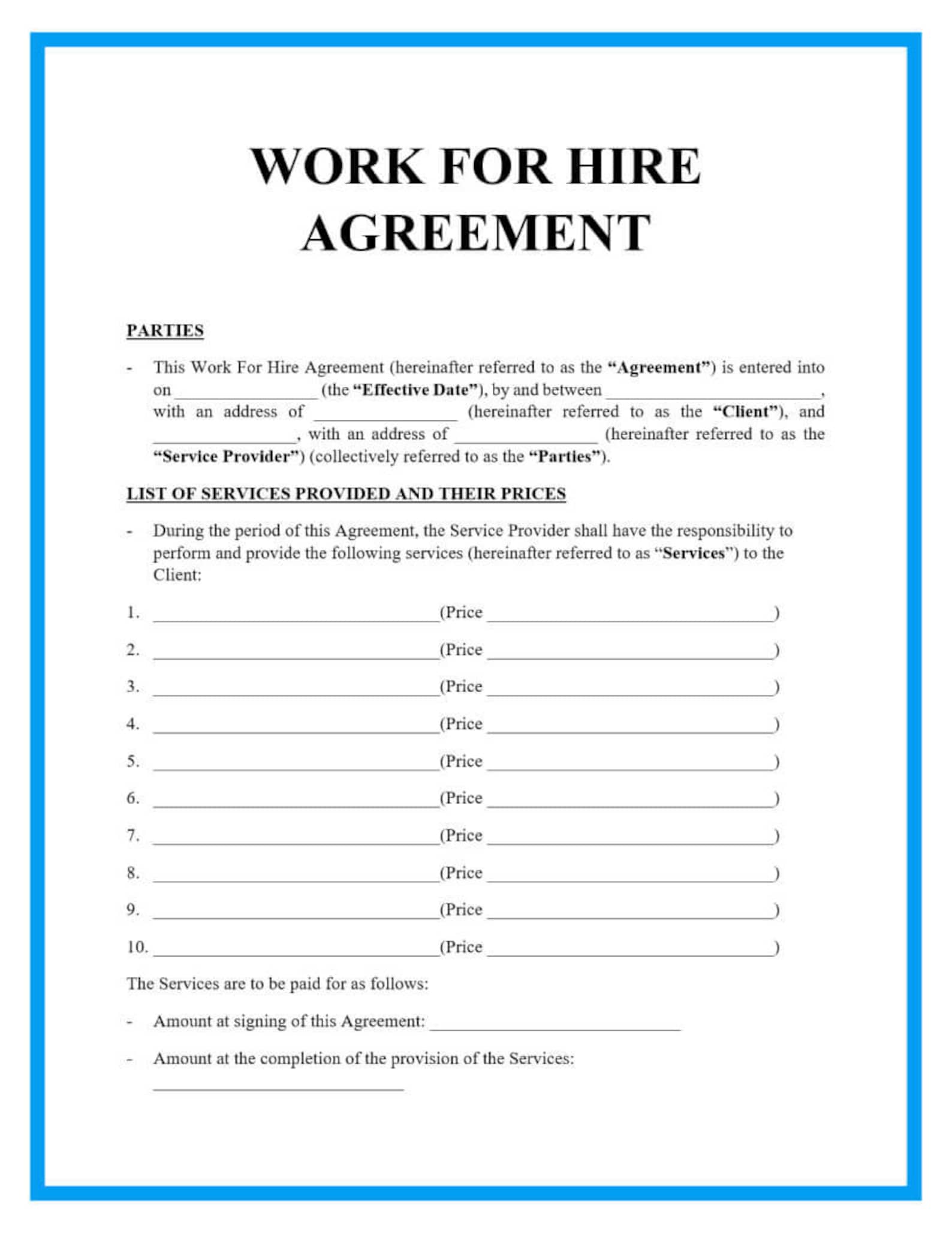 Work for Hire Agreement Template Etsy