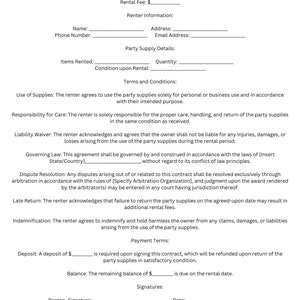 Contratto di noleggio di forniture per feste di una pagina - Modello Download immediato del modulo PDF