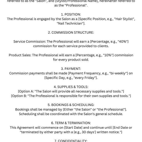 Salon Commission Agreement Template - Instant Download