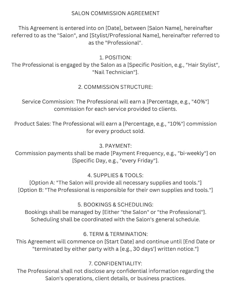 Salon Commission Agreement Template Instant Download Etsy