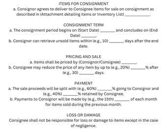 Consignment Shop Agreement Template- Digital Download from Canva