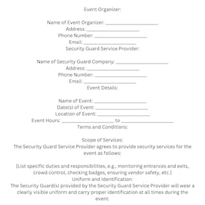 Könnte beinhalten: Eine leere Vertragsvorlage für Sicherheitsdienste für Event-Verkäufer. Das Dokument enthält Abschnitte für den Veranstalter, den Sicherheitsdienstleister, Event-Details, Geschäftsbedingungen, Leistungsumfang, Uniform und Identifizierung sowie die Dauer der Dienstleistung.