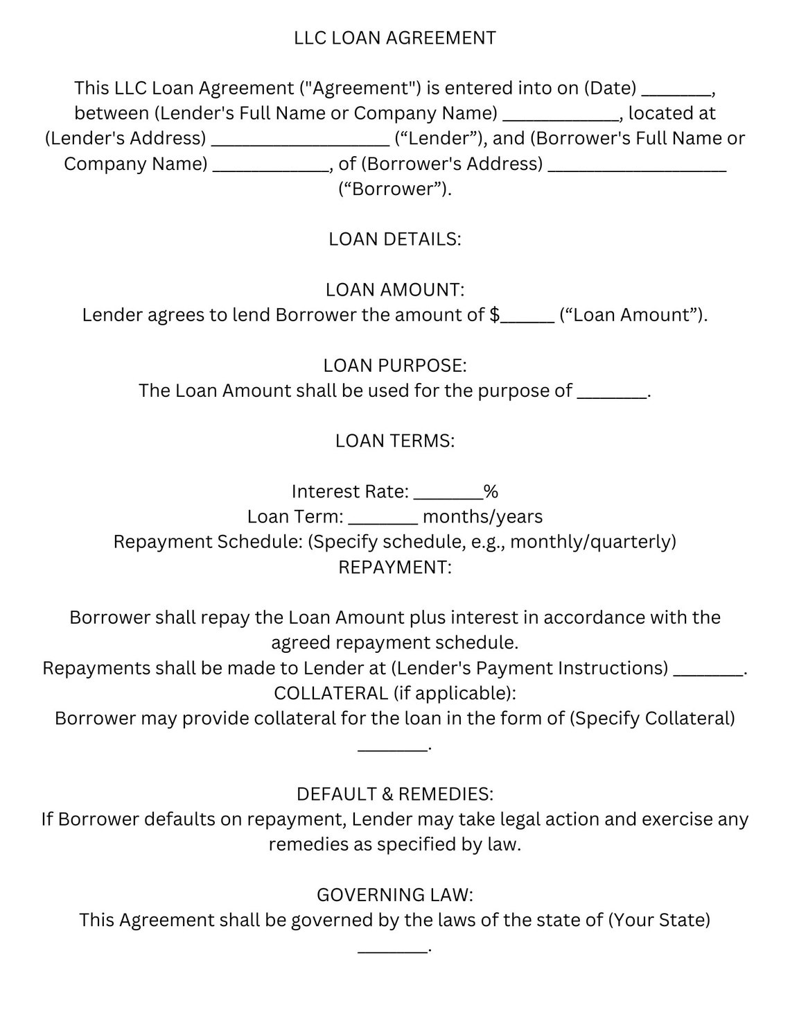 LLC Loan Agreement Template Etsy LLC Loan Agreement Template Etsy