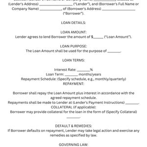 May include: A legal document outlining the terms of a loan agreement between a lender and a borrower. The document includes details such as the loan amount, interest rate, repayment schedule, and governing law.