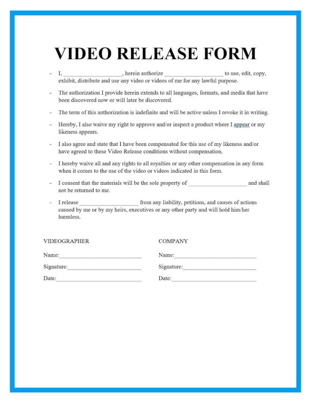 Video Release Form Template Etsy