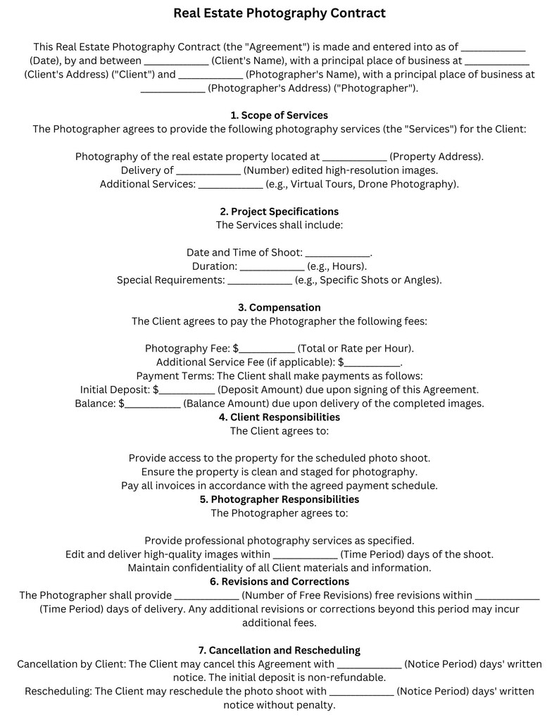 Real Estate Photography Contract- Template, Pdf - Etsy - Luxury Property Photography Contract Agreement