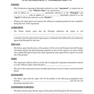 Commission Agreement Template | Professional & Customizable Contract | Easy-to-Use Legal Document for Freelancers and Businesses