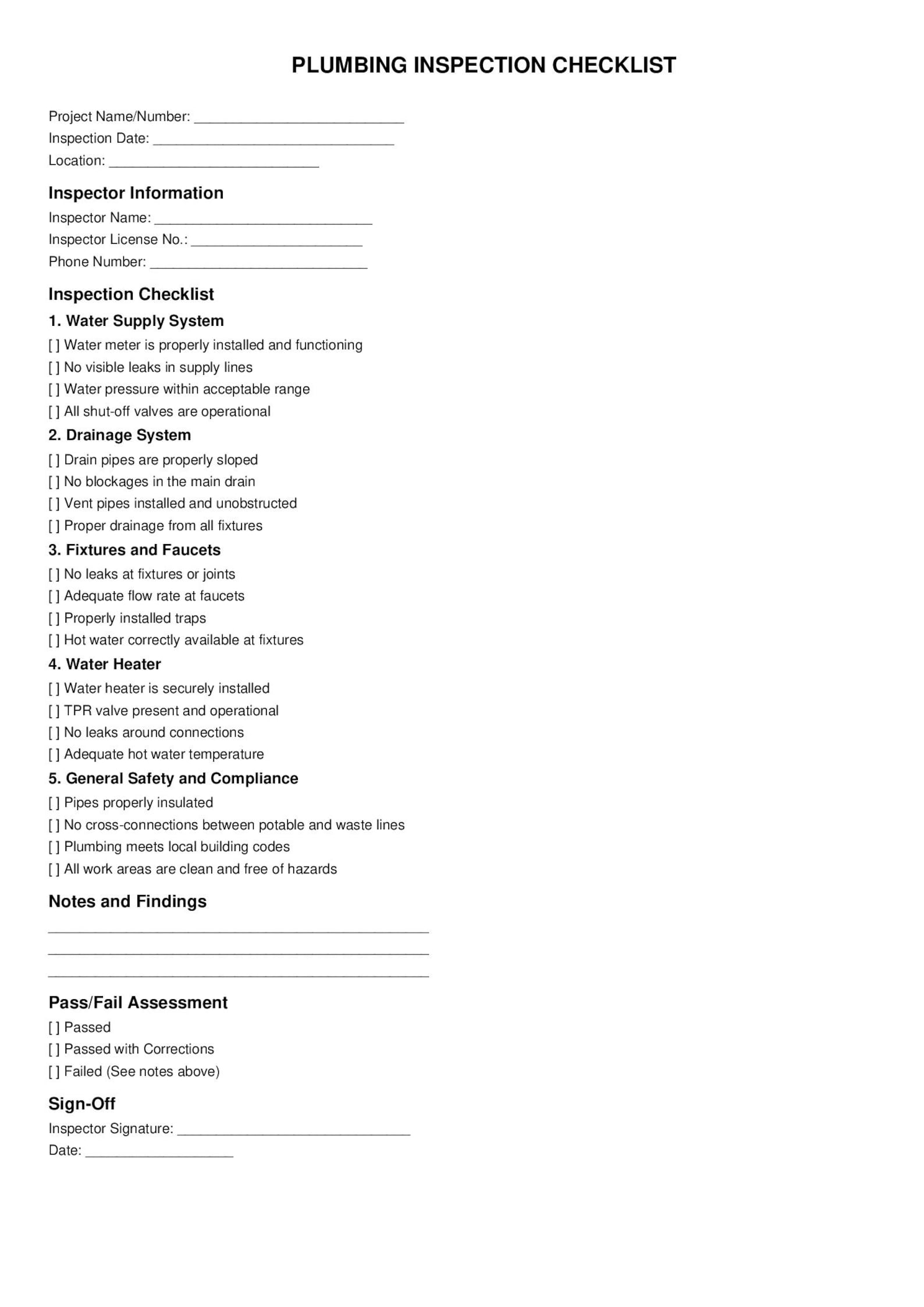 Plumbing Inspection Checklist Printable Plumbing Checklist Editable PDF