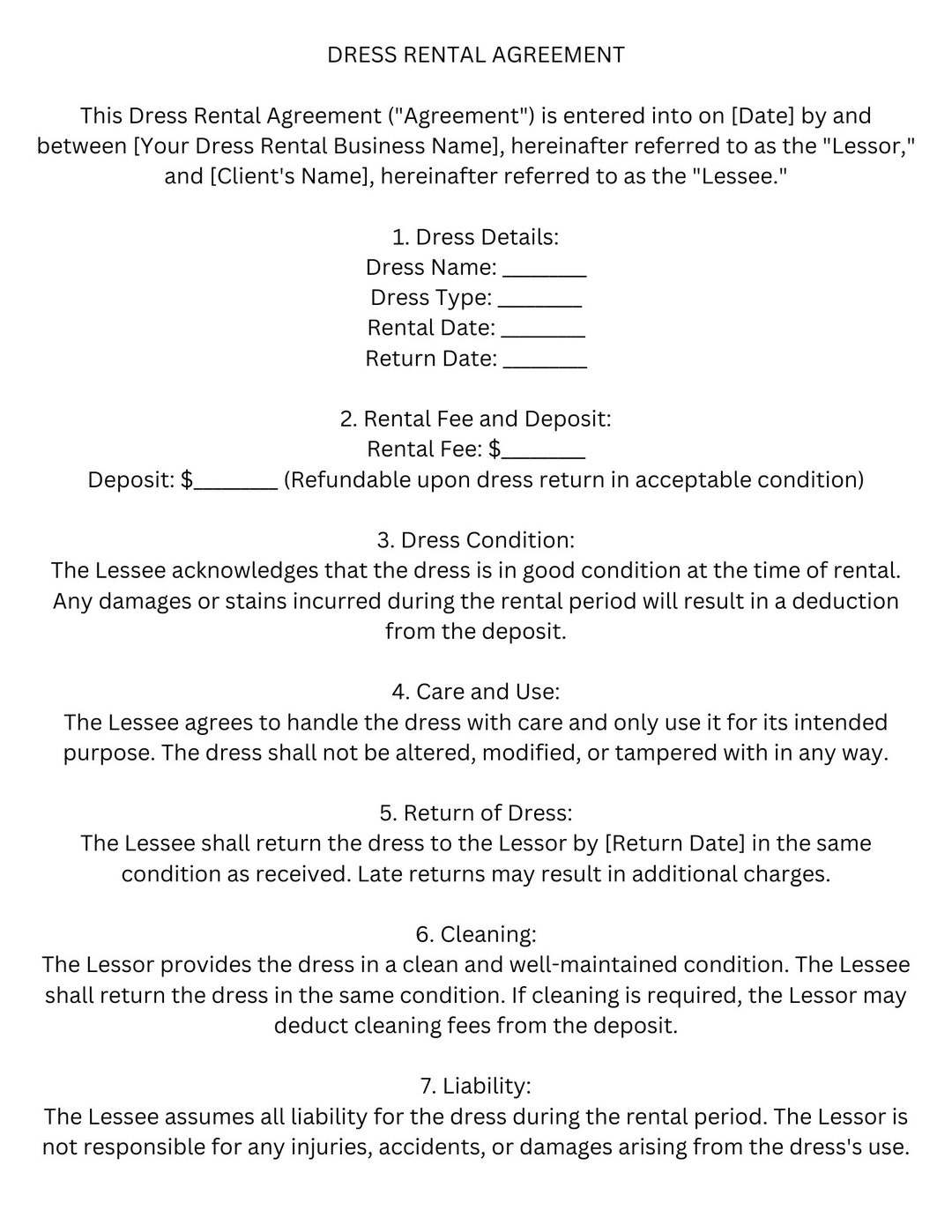 Digital Download Dress Rental Agreement Template 2023 Etsy Digital Download Dress Rental Agreement Template 2023 Etsy
