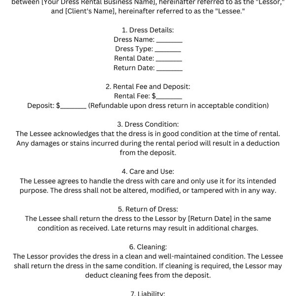 Dress Rental Agreement Template: Digital Download