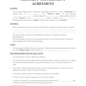 以下が含まれることがあります： 不動産管理契約の条件を定めた法的文書。文書には、当事者、一般的な情報、期間、代理人の責任、代理人の責任に関するセクションが含まれています。