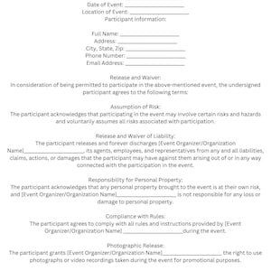 Puede incluir: Un formulario de exención y liberación de eventos en blanco con secciones para detalles del evento, información del participante, exención y liberación, asunción de riesgos, exención y liberación de responsabilidad, responsabilidad por la propiedad personal, cumplimiento de las reglas, liberación fotográfica, contacto de emergencia y declaración del participante.