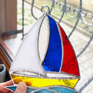 Stained Glass Sailboat Suncatcher Window Ornament, Window Hanging, Gift for Dad
