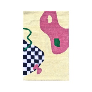 Hand Tufted Pink, Cream, Green and Black and White Wavy Abstract Rug, Fusion of Modern Century and Scandi Style